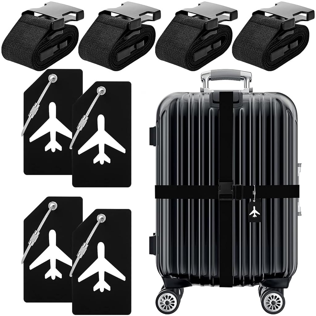 PALAY Set of 8pcs Luggage Straps & Suitcase Tags Set, Adjustable Suitcase Belt Quick Relese Suitcase Belts and PVC Luggage Tags with Metal Loop Black Safety Luggage Straps Travel Luggage Accessories PALAY Set of 8pcs Luggage Straps & Suitcase Tags Set, Adjustable Suitcase Belt Quick Relese Suitcase Belts and PVC Luggage Tags with Metal Loop Black Safety Luggage Straps Travel Luggage Accessories